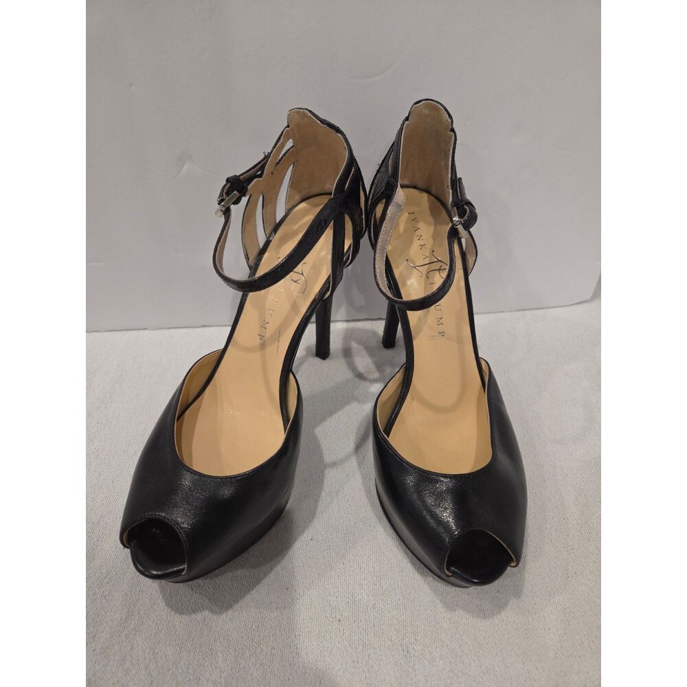Ivanka Trump Black Leather Platform Stiletto Heels w/ Ankle Strap Peep Toe Sz 6